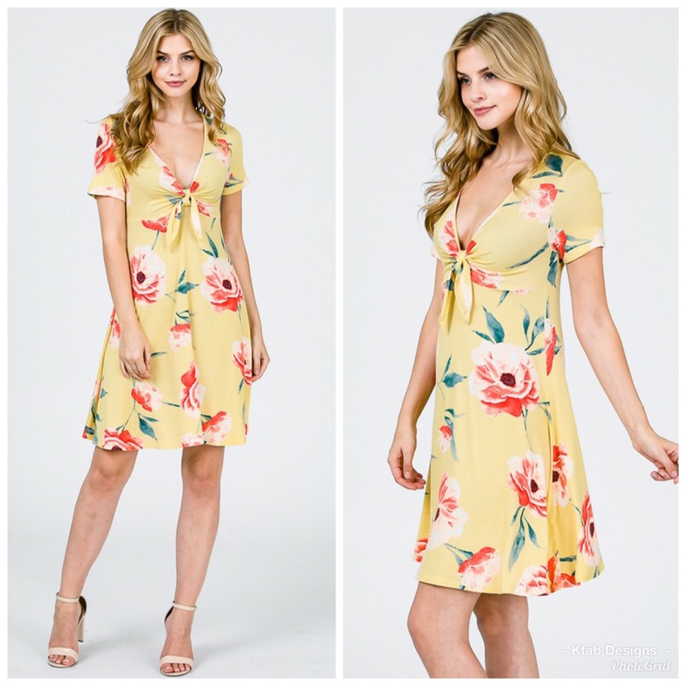 🛍LAST 1! Yellow Floral Front Knot Dress! - Picture 2 of 8